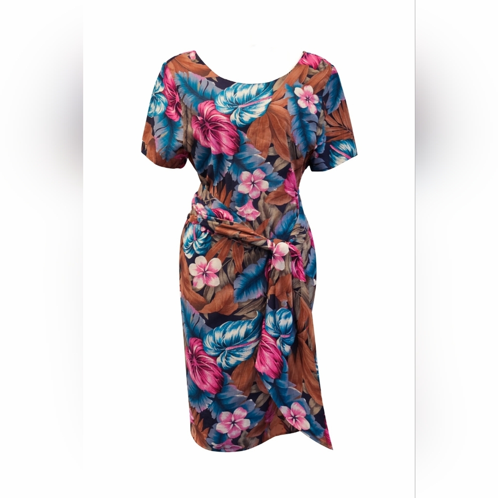 Vintage Hilo Hattie Teal, Pink & Brown Tropical Tie-Waist Midi Dress